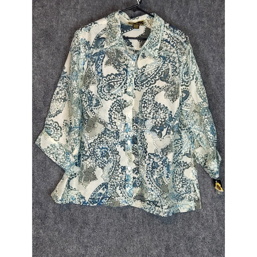 Mirasol Woman 2X Paisley Print Button Down 3/4 Sleeve Blouse Top Burnout Sheer‎